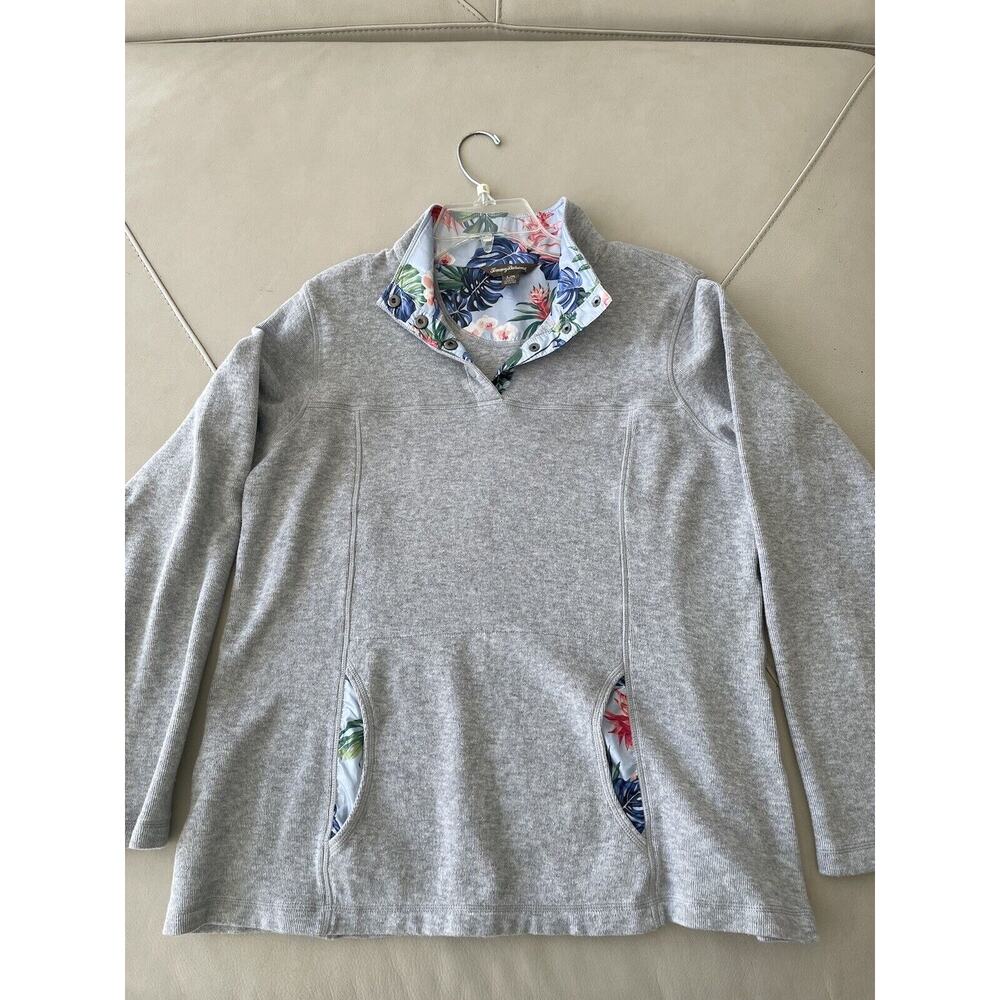 Tommy Bahama Ladies Gray Pullover Tropical 1/4 Snaps Front Hand Warmer Pocket LG